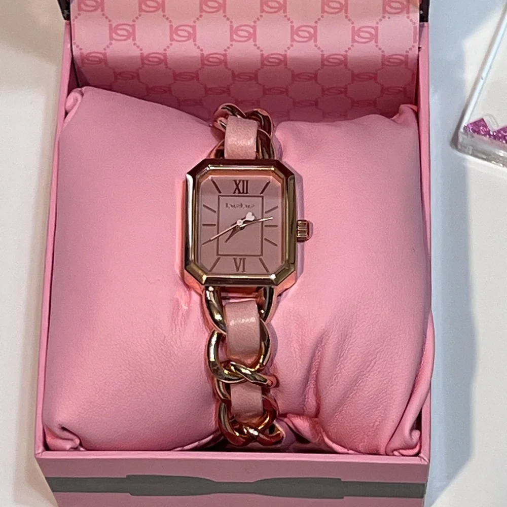 NWT bebe BABY PINK STRAP AND ROSEGOLD METAL CHAIN LINK BRACELET WATCH - Picture 7 of 12